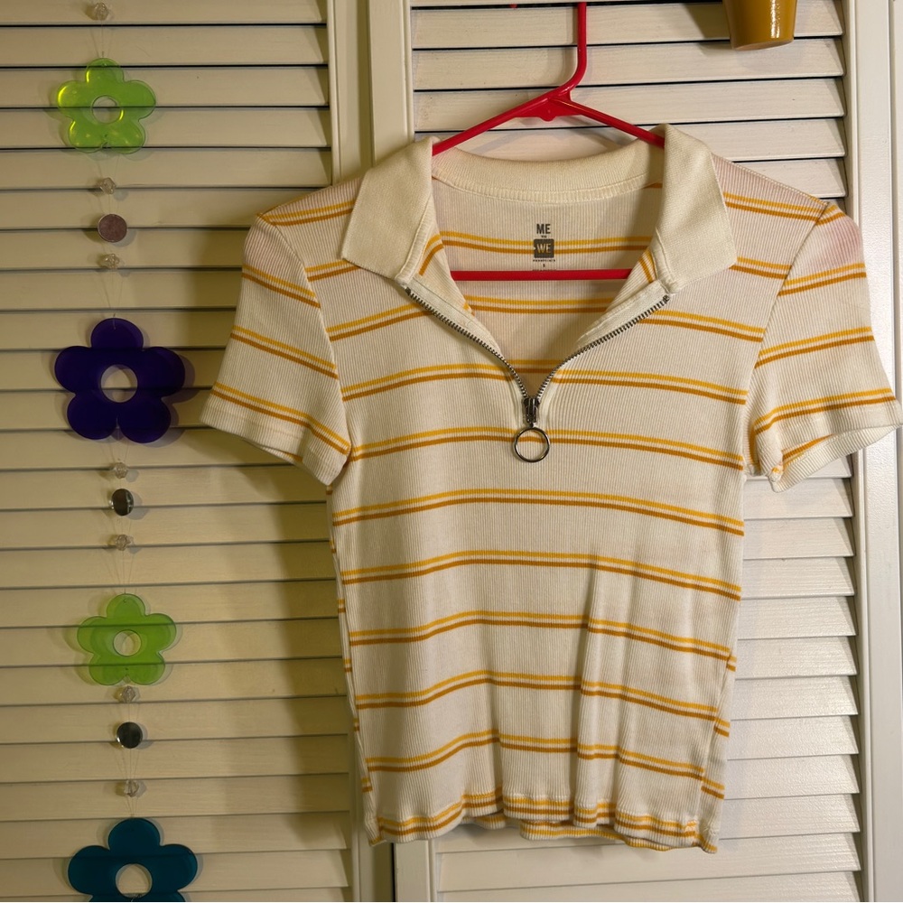 70s Style Quarter Zip Stripped Crew Neck Tee